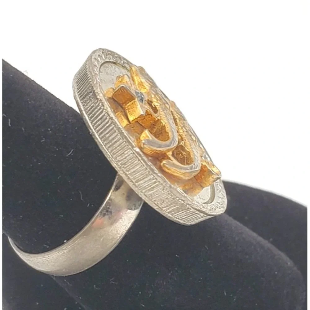 Vintage 1970s Silver & Gold Tone Zodiac Pisces Adjustable Ring